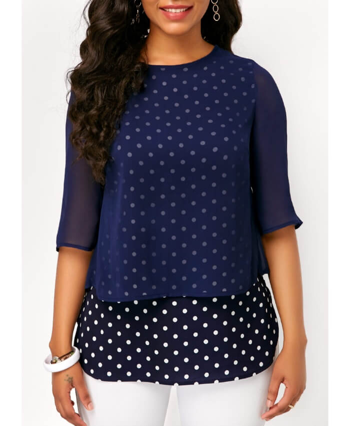 Half Sleeve Navy Mesh Overlay Polka Dot Blouse